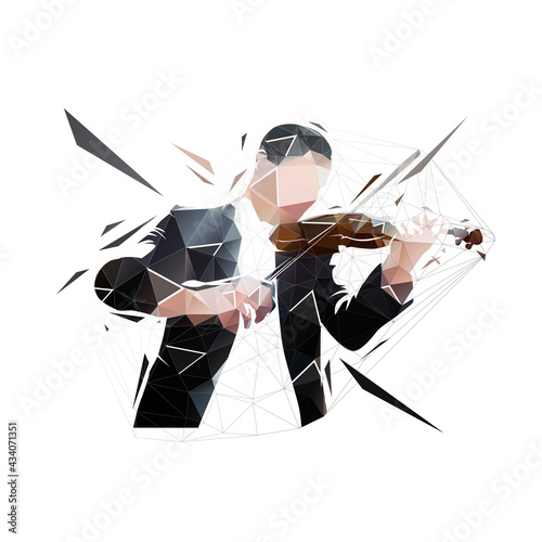 Violin player, low polygonal isolated vector illustration. Front view. Geometric drawing from triangles