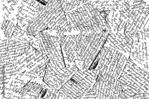 Grunge texture of unreadable sloppy handwriting on scraps of paper. The torn emails are in a disordered order. Background. Vector illustration. Overlay Template.