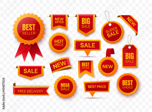 Big Collection of Red Price Tags, Promo Labels and Discount Badges. New Offer Tags. Sale Stickers and Ribbons. Vector illustration