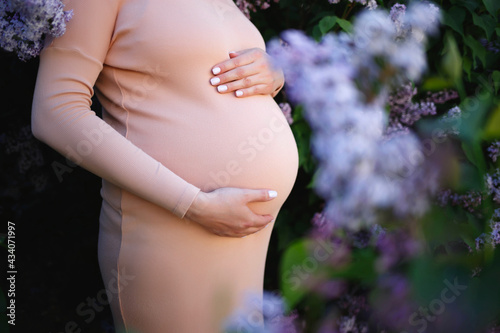 pregnant woman tenderly hugs her belly surrounded by lilac flowers