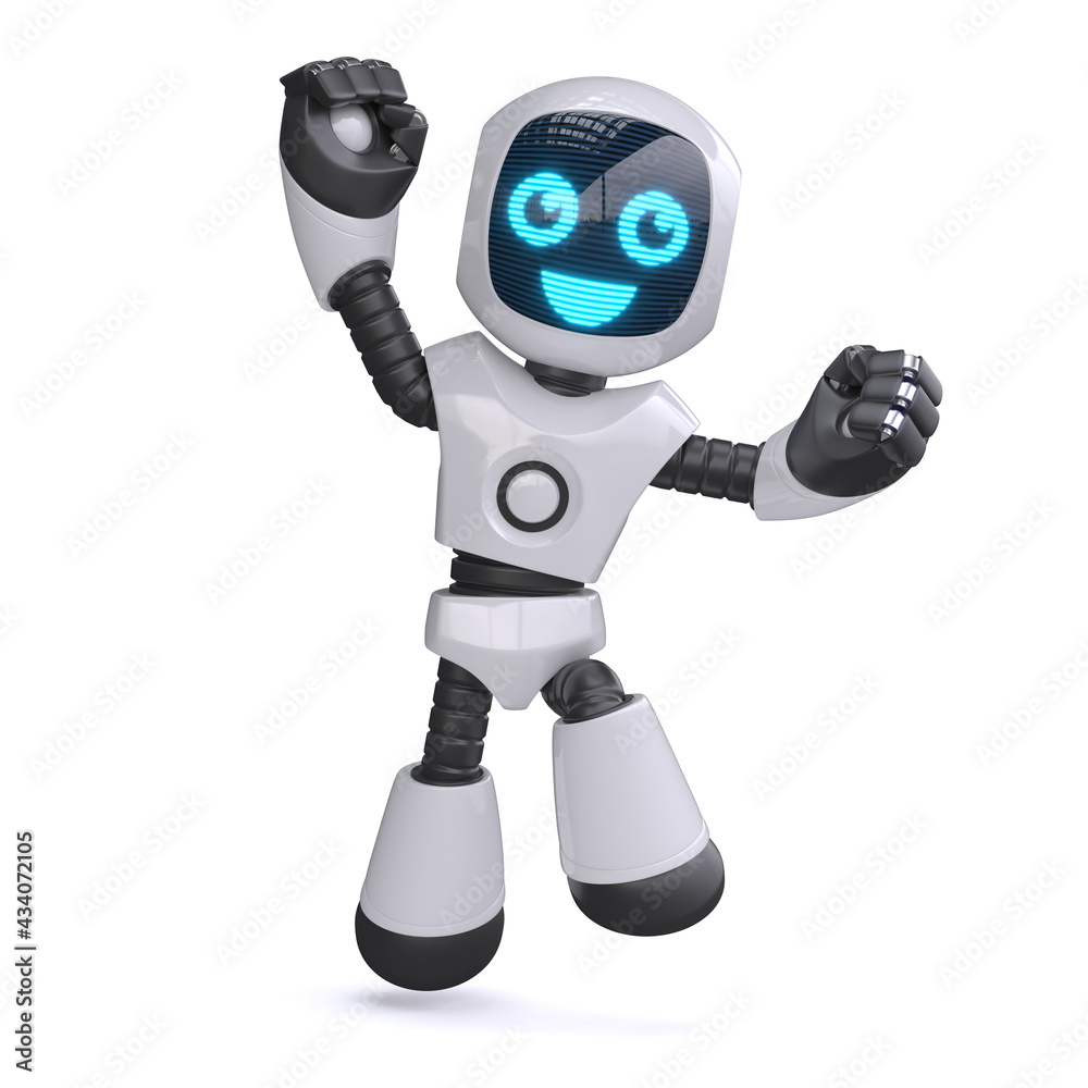 Little robot jumping and cheering, 3d rendering Little robot jumping and cheering, 3d rendering