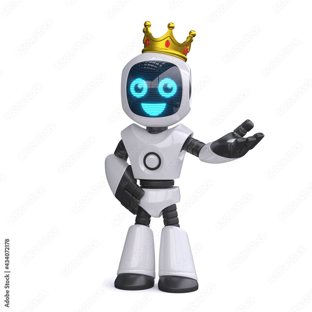 Little robot with a golden crown 3d rendering Little robot with a golden crown 3d rendering