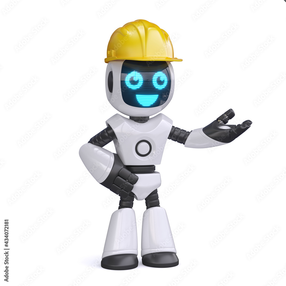 Robot construction worker, robot with yellow hard hat 3d rendering Robot construction worker, robot with yellow hard hat 3d rendering