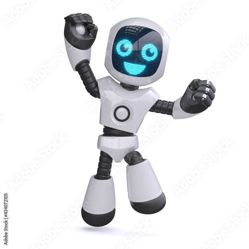 Little robot jumping and cheering, 3d rendering