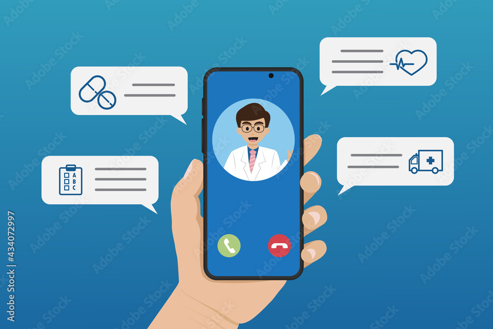 Vector online medicine concept illustration. Human hand holding smartphone with video call to doctor. Vector online medicine concept illustration. Human hand holding smartphone with video call to doctor.