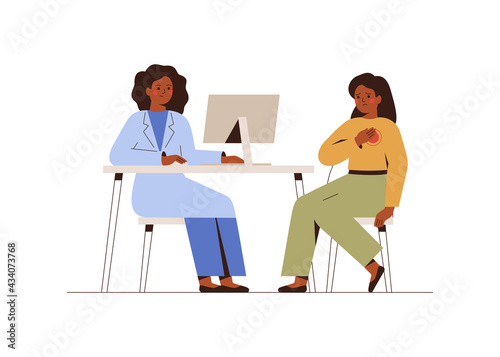 Female doctor treats her patient with pain in the breast. Cardiologist checks up woman's heart. Psychologist has offline consultation with anxious girl. Vector. Cardiology and mental health concept