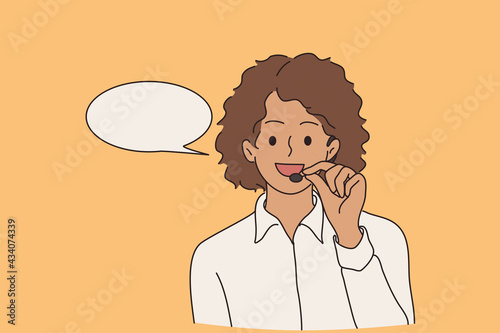 Customer service worker concept. Young smiling positive african american telemarketer woman cartoon character showing mobile phone equipment call gesture with fingers vector illustration 