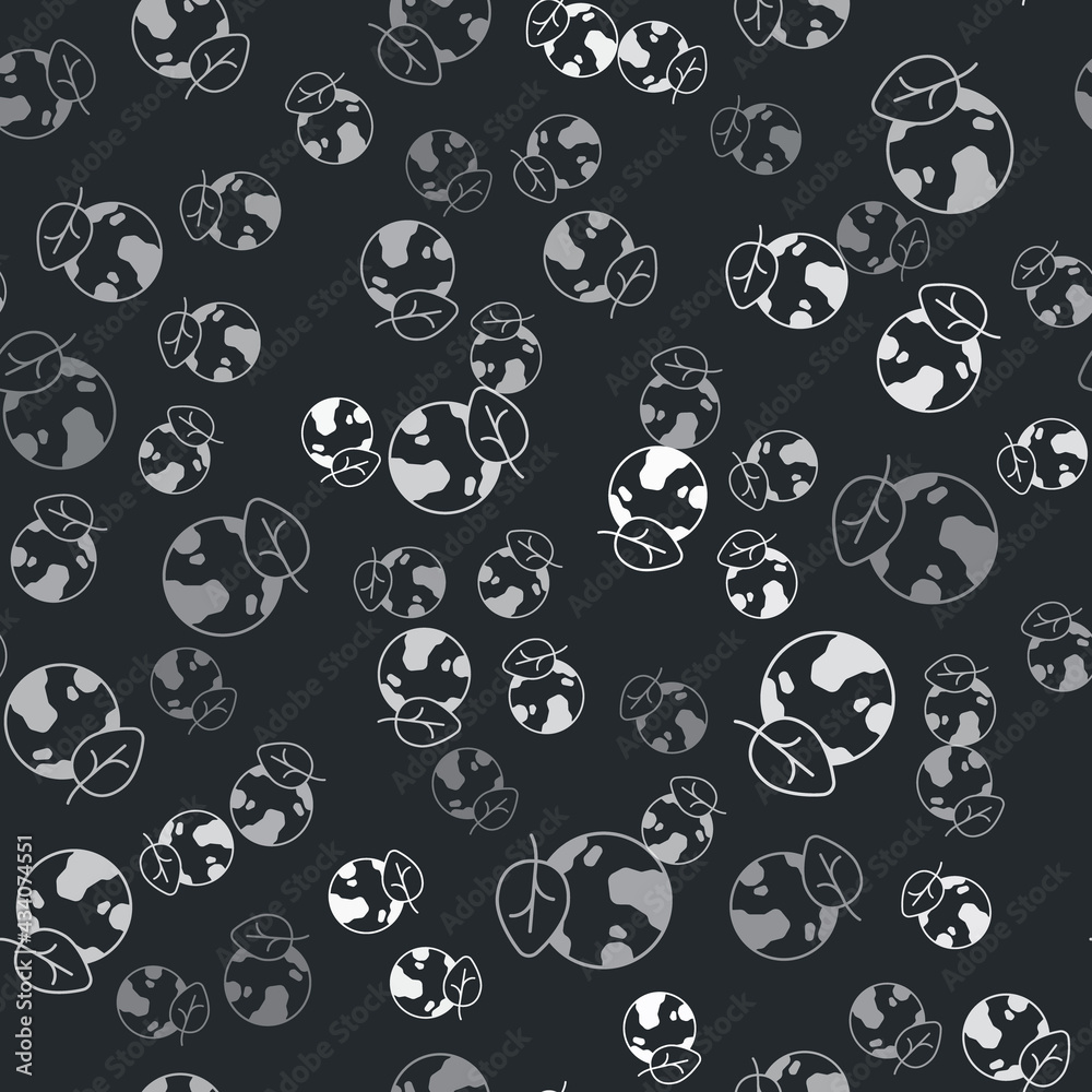 Grey Earth globe and leaf icon isolated seamless pattern on black background. World or Earth sign. Geometric shapes. Environmental concept. Vector Grey Earth globe and leaf icon isolated seamless pattern on black background. World or Earth sign. Geometric shapes. Environmental concept. Vector