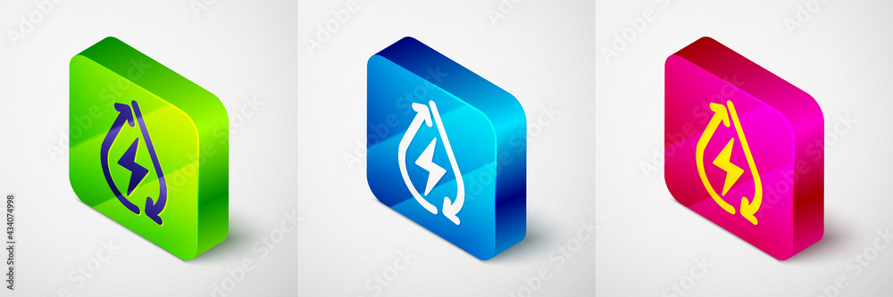 Isometric Water energy icon isolated on grey background. Ecology concept with water droplet. Alternative energy concept. Square button. Vector