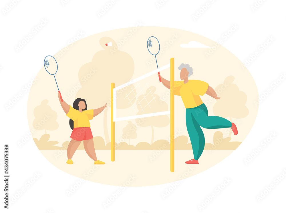 Elderly woman plays badminton with little girl. Grandmother with racket hits shuttlecock towards joyful granddaughter. Playground with stretched net for outdoor activities. Vector flat illustration