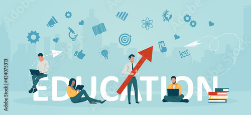 Vector of a group of people students learning online, reading books