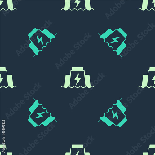 Green and beige Hydroelectric dam icon isolated seamless pattern on blue background. Water energy plant. Hydropower. Hydroelectricity. Vector