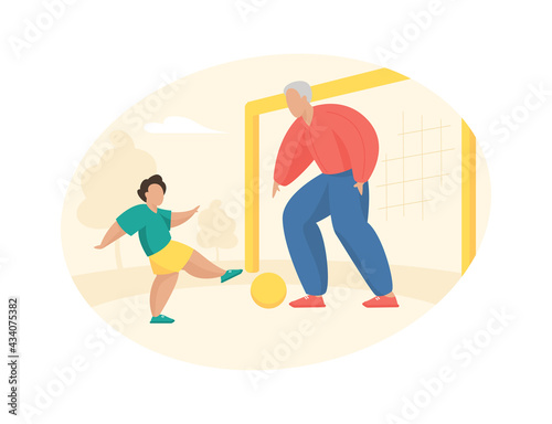Elderly man plays football with boy. Grandfather stands at goal and hits ball his grandson. Active game in open summer space. Fun sports leisure and lifestyle. Vector flat illustration