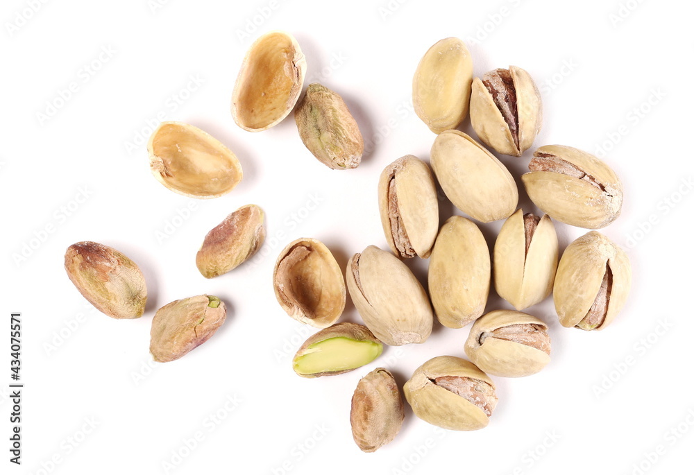 Pistachio pile isolated on white background, top view Pistachio pile isolated on white background, top view