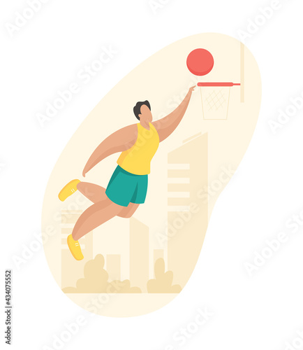 Basketball player throws ball into basket. Man in shorts and tshirt jumps with slam dunk. Professional player trains in open summer area. Active exciting sport. Vector flat illustration