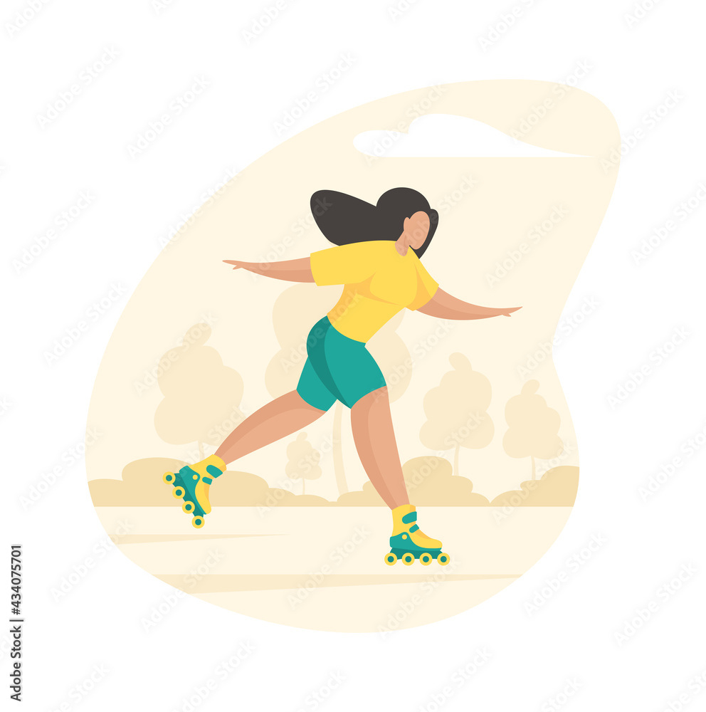 Sporty girl rollerblading. Young woman cheerfully rushes through summer park wheel skates. Active outdoor fitness with healthy relaxation. Joyful speed happiness movement. Vector flat illustration
