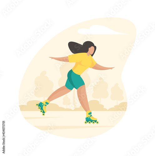 Sporty girl rollerblading. Young woman cheerfully rushes through summer park wheel skates. Active outdoor fitness with healthy relaxation. Joyful speed happiness movement. Vector flat illustration