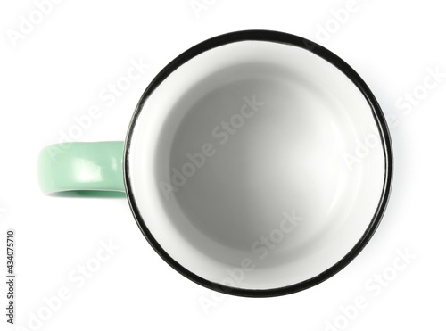 Empty, clean traditional coffee cup, porcelain mug isolated on white background, top view