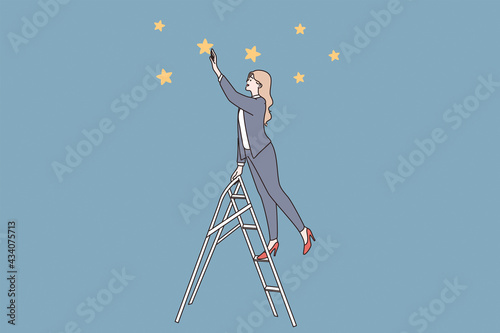 Success, leader, possibilities concept. Young business woman standing on ladder and looking ahead for new possibilities and development touching stars vector illustration 