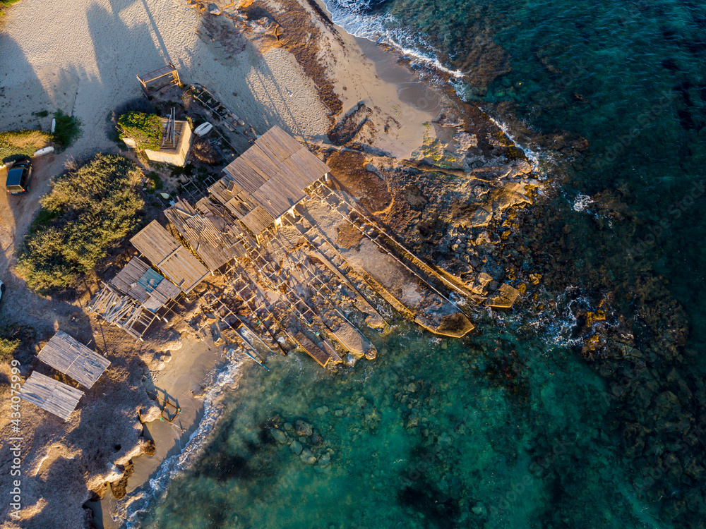 Obraz premium Ca Marí boathouse huts, Migjorn, Formentera, Pitiusas Islands, Balearic Community, Spain