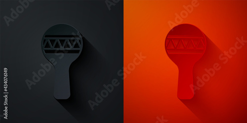 Paper cut Maracas icon isolated on black and red background. Music maracas instrument mexico. Paper art style. Vector