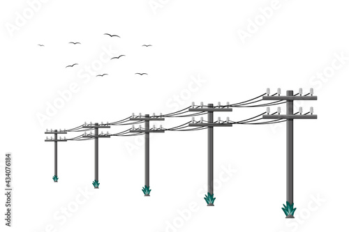 High voltage power lines connected with wires.