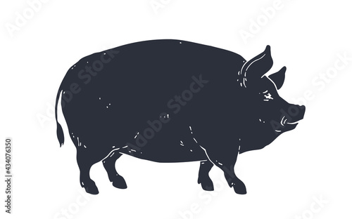 Pig, pork. Vintage logo, retro print for Butchery meat shop, pig silhouette. Logo template for meat business, meat shop. Isolated black silhouette pig on white background. Vector Illustration