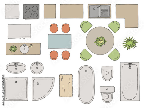 Furniture set floor plan architect design element graphic color top sketch aerial view isolated illustration vector 
