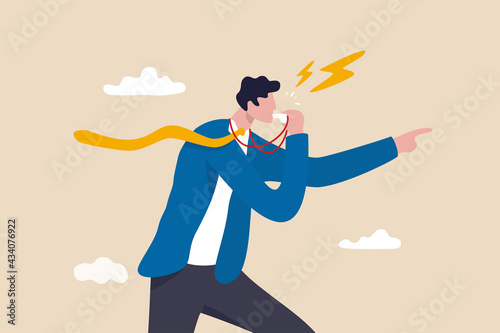 Business whistleblower the misconduct inside person to illegally disclose information to public concept, businessman blowing the whistle out load while pointing signal to tell other people. photo