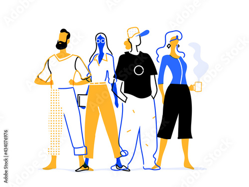 Team di giovani talenti. Gruppo di personaggi colorati maschili e femminili isolati sullo sfondo bianco