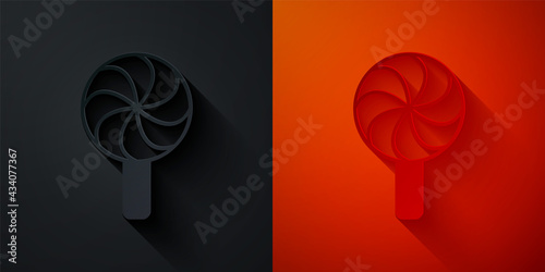 Paper cut Lollipop icon isolated on black and red background. Candy sign. Food, delicious symbol. Paper art style. Vector