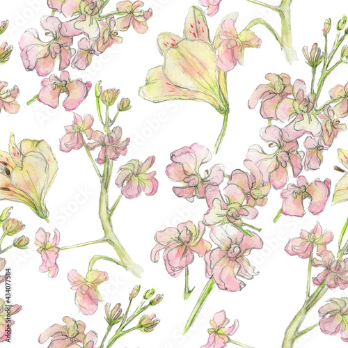 Watercolor seamless pattern with pastel pink, yellow drawn by hand in a sketch style on a white background. Flower composition for wrapper, decoration, fabric.