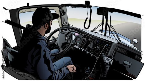 Professional Truck Driver Driving Truck Vehicle Going for a Long Transportation Route - Colored Illustration, Vector