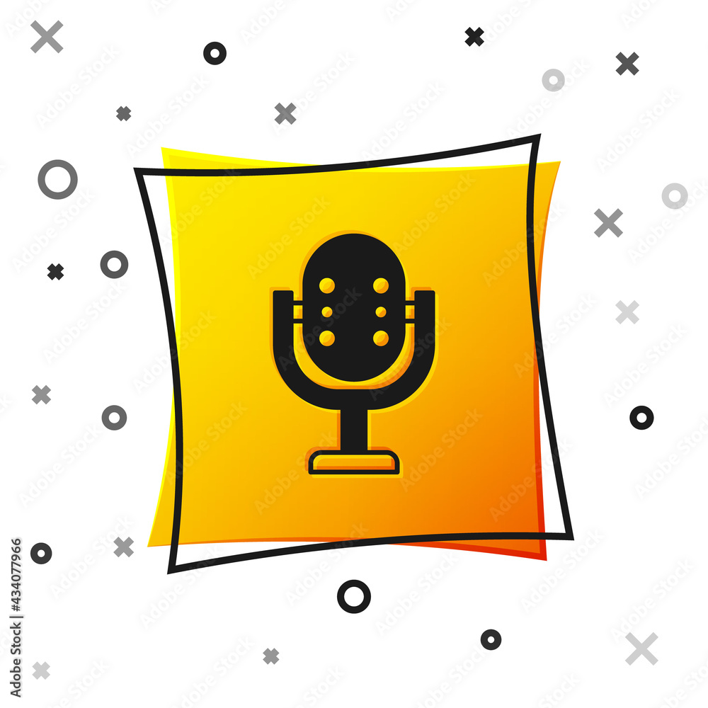 Black Microphone icon isolated on white background. On air radio mic microphone. Speaker sign. Yellow square button. Vector Black Microphone icon isolated on white background. On air radio mic microphone. Speaker sign. Yellow square button. Vector