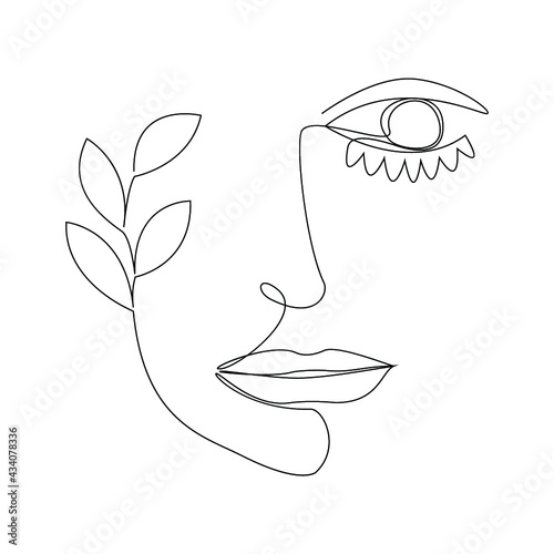 Women face with plant. One line drawing style