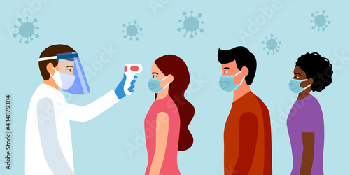 People are in queue for temperature scan. Measuring the temperature of people with digital infrared thermometer. Covid-19 coronavirus epidemic outbreak. Thermo scan checkpoint concept vector.