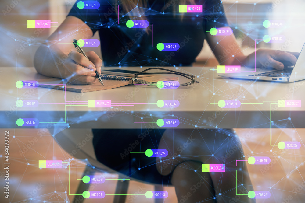 Multi exposure of woman hands working on computer and data theme hologram drawing. Tech concept.
