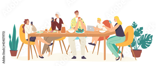 Family Suffering of Social Media Addiction. Parents, Granny and Children Sitting Together at Home Using Smartphones