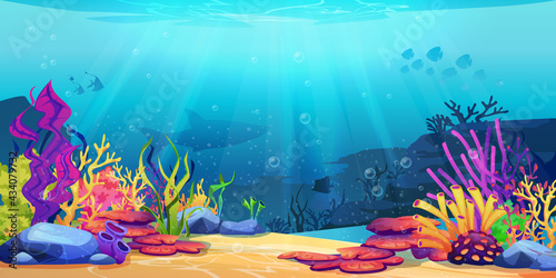 Coral reef underwater world with marine animals silhouettes and algae seaweeds, sea bottom cartoon background. Vector undersea plants, aquarium with seafloor, marine wildlife scenery on depth © Sensvector