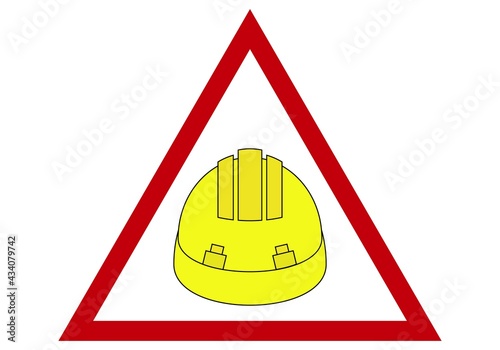 Señal de peligro por obras con un casco amarillo de la construcción en un triángulo blanco