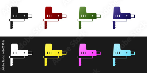 Set Electric jigsaw with steel sharp blade icon isolated on black and white background. Power tool for woodwork. Vector