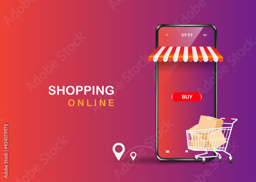 Parcel box is placed in the shopping cart and all are placed in front of smartphone store with a buy icon on the screen,vector 3d on orange purple background for delivery and online shopping concept