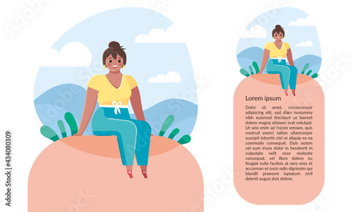 Illustration pour article de magazine sur le bien-être et la santé physique et mentale, femme en tenue de sport souriante assise devant un ciel bleu et des montagnes