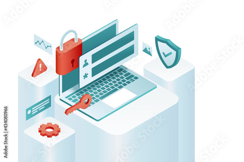 Data protection concept. Software access data as confidential. Can use for web banner, infographics, hero images. Flat isometric illustration isolated on white background.