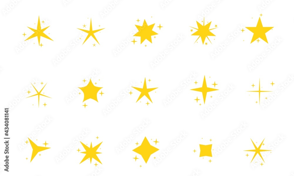 Set of icons of sparkling bright stars. Collection of symbols in the form of twinkling stars. Glitter, glow, fireworks effect for holiday and Christmas or birthday. Yellow, gold strokes.
Set of icons of sparkling bright stars. Collection of symbols in the form of twinkling stars. Glitter, glow, fireworks effect for holiday and Christmas or birthday. Yellow, gold strokes.