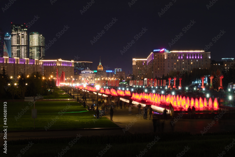 Evening view of Park Pobedy (Victory park) on Poklonnaya Gora. Moscow, Russia - May 9, 2021.