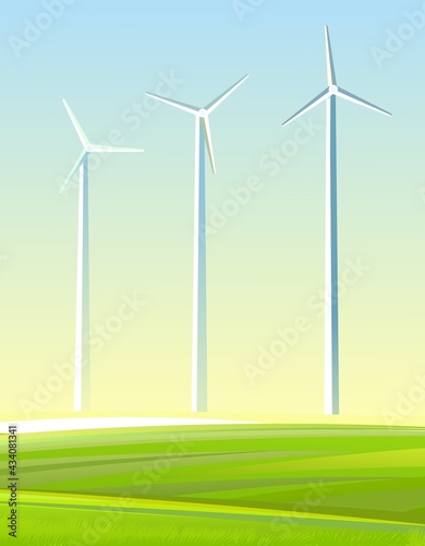 Wind turbines with blades. Electricity generator. Background picture. Innovation. A source of sustainable renewable energy. Landscape with rural meadows, hills and fields. Vector