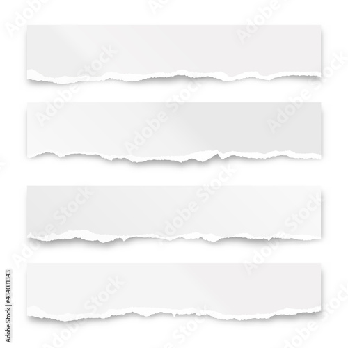 Ripped paper strips isolated on white background. Realistic crumpled paper scraps with torn edges. Shreds of notebook pages. Vector illustration.