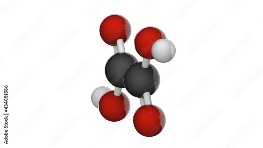 Molecular structure of Oxalic acid (Ethanedioic acid). Other names: Wood bleach, Crab Acid. C2H2O4. 3D render. Seamless loop. Chemical structure model: Ball and Stick. White background Molecular structure of Oxalic acid (Ethanedioic acid). Other names: Wood bleach, Crab Acid. C2H2O4. 3D render. Seamless loop. Chemical structure model: Ball and Stick. White background