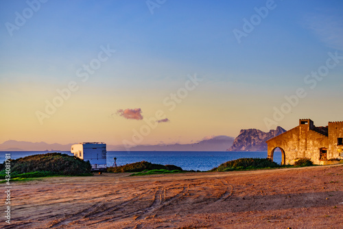 Caravan on spanish coast, Gibraltar rock on horizon